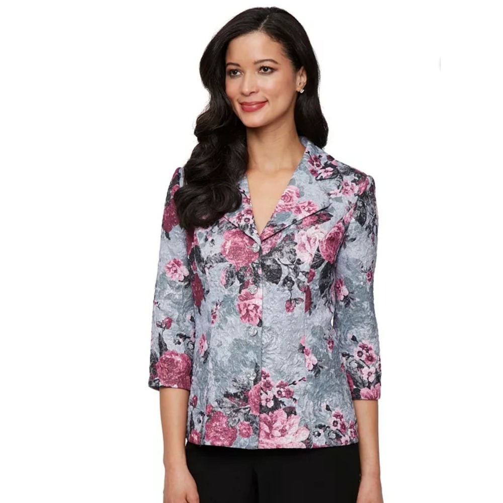 Alex Evenings Jacket Women Pink Floral Metallic Rhinestone Button Petite M NWT